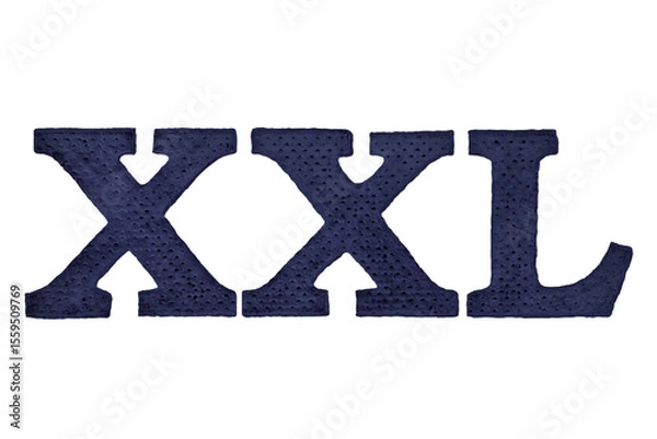 Obraz XXL size thermal adhesive navy blue plastic clothing label garment tag, embossed text, large detailed isolated textured horizontal pattern macro closeup, blank empty white background copy space