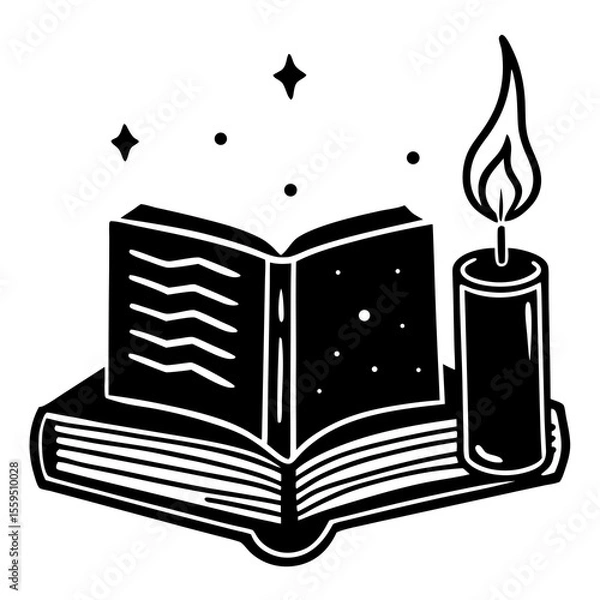 Obraz Silhouette art of a candle burning next to an open book—ideal for educational posters, antique themes, or magical book corners.