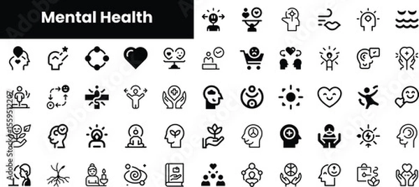 Fototapeta A diverse collection of black and white icons related to mental health, showcasing symbols of support, wellness, and emotional well-being.