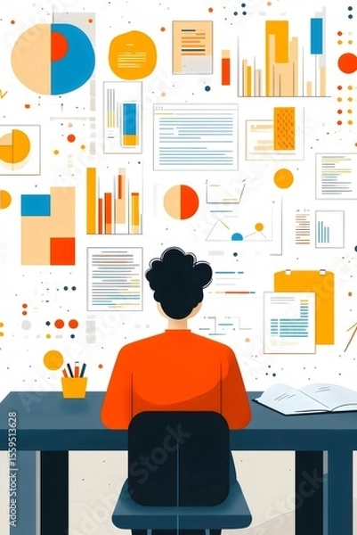 Fototapeta Modern Workspace Design for Productive Data Analysis: Person Utilizing Charts, Graphs, and Documents in a Creative Office Environment
