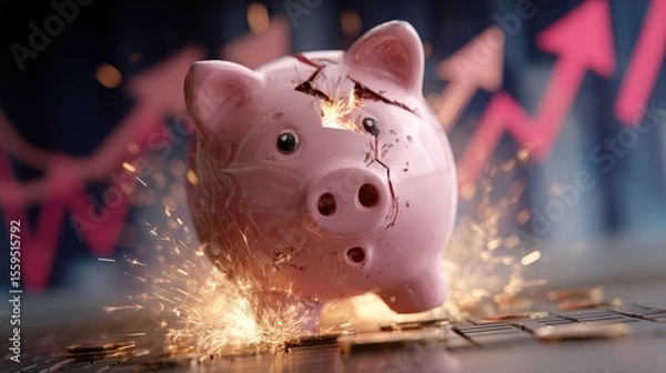 Fototapeta Bursting Savings: A dramatic depiction of a cracked piggy bank, with sparks and shattered fragments illustrating the concept of financial crisis or depleted savings. 