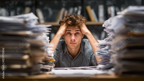 Fototapeta Overwhelmed by Documentation: Capturing the feeling of stress, a young man finds himself buried under an avalanche of documents and paperwork in a moment of silent despair. 
