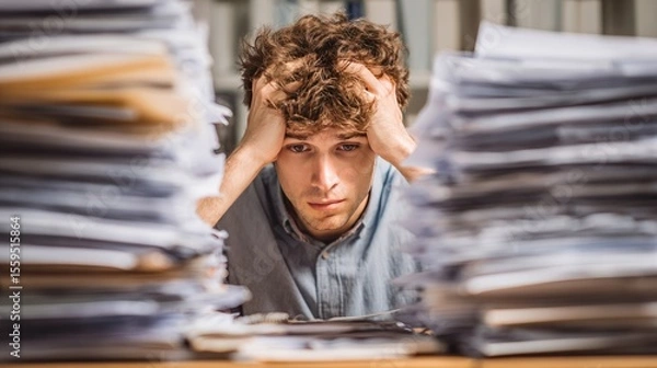 Fototapeta Overwhelmed: A stressed individual buried in a mountain of paperwork.