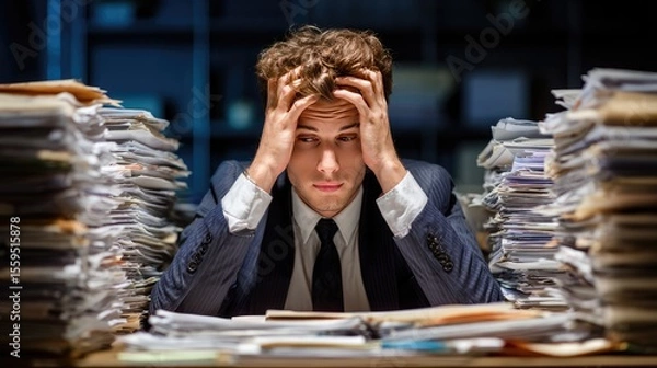 Fototapeta Overwhelmed with Paperwork: A stressed professional buries his face in his hands amidst a daunting pile of documents, embodying the weight of administrative burden.
