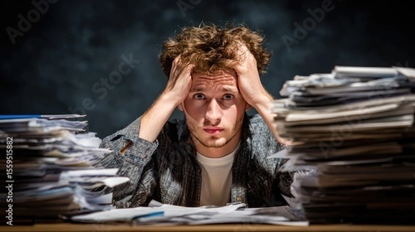 Fototapeta Overwhelmed: Capturing a moment of workplace stress, a person buried beneath an avalanche of paperwork grapples with the pressures of deadlines and demanding tasks.