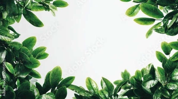 Fototapeta Leaf Frame on White: A vibrant arrangement of green leaf creates a refreshing frame, ideal for adding a touch of natural beauty to any design.