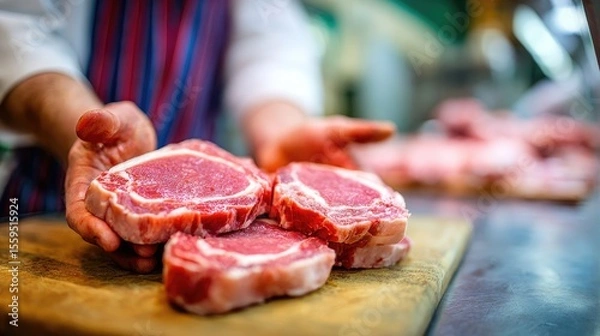 Fototapeta Butcher's Selection: Prime cuts of fresh meat, expertly prepared and presented by a butcher's skilled hands, showcase the quality and craftsmanship of traditional butchery.