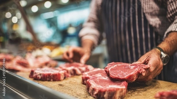 Fototapeta Butcher at Work: A skilled butcher carefully presents freshly cut raw meat, showcasing his craftsmanship and the quality of the product in a close-up view.