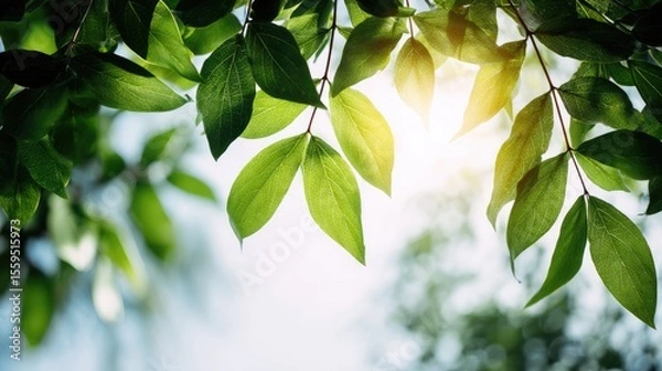 Fototapeta Sun-kissed foliage: A close-up view of vibrant, green leaves reaching towards the radiant sun, creating a captivating display of nature's beauty and light.