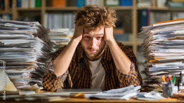 Fototapeta Overwhelmed: A person overwhelmed by the weight of paperwork, embodying the struggles of deadlines and stress