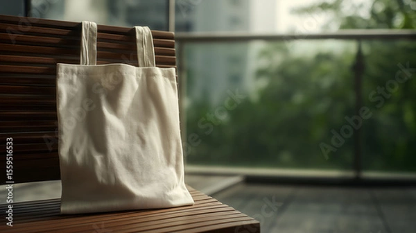Fototapeta Stylish reusable tote bag on a wooden bench, embodying minimalist and sustainable living.