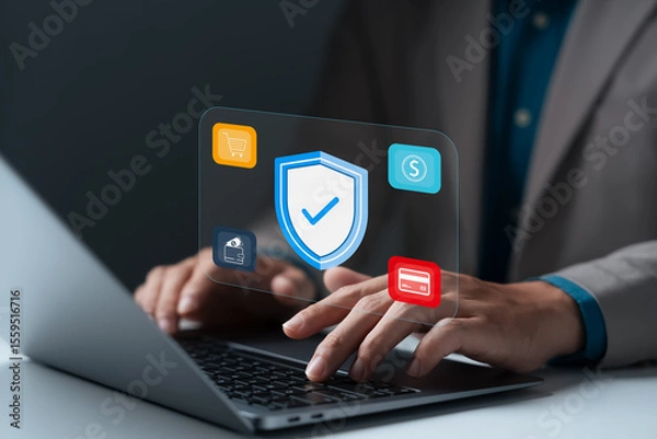 Fototapeta Cybersecurity concept showing businessman typing on laptop with secure online payment, data protection, e-commerce, privacy, financial security, and modern digital technology solution.