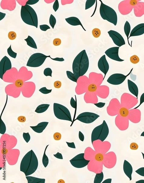 Fototapeta Botanical Floral Pattern with Pink Blossoms and Green Leaves: Hand-Drawn Nature Motifs in a Vintage Whimsical Style for Textile Print and Graphic Design