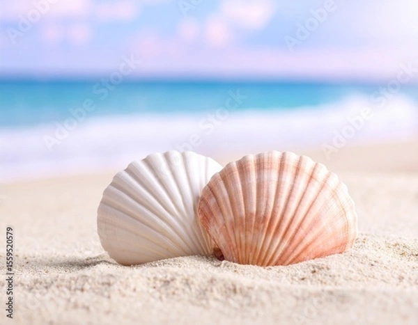 Obraz 해변 모래 위에 연분홍의 조개 껍데기 Pink seashells on the beach sand
