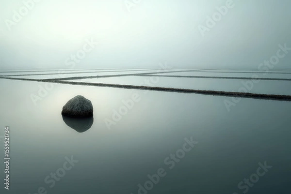 Fototapeta minimalist photograph of flooded rice paddy in india at sunrise with geometric patterns
