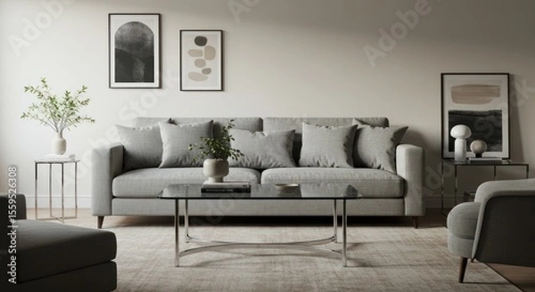 Obraz Modern Light Gray Living Room Sofa with Decorative Art and Plants in Minimalist Home Interior