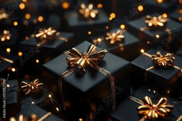 Fototapeta Pile of black presents with glowing golden bows, 3D Christmas festive background with warm lighting