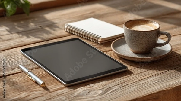 Obraz Modern workspace with tablet, notebook, coffee cup, and wooden table