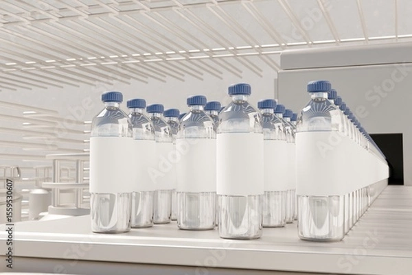 Fototapeta The water factory filters raw water, purifies with RO, sterilizes via UV/ozone, fills bottles, seals caps, labels, and controls quality per FDA and GMP standards.	
