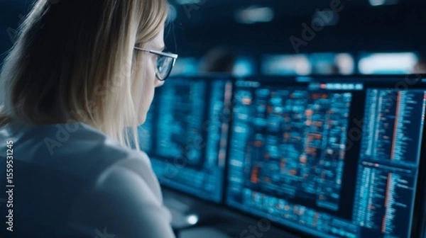 Fototapeta employee studying AI accounting software in virtual training environment, financial learning scene