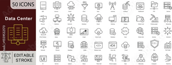 Fototapeta Data Center Line Icons: Server, Cloud Computing and Network Technology Vectors. Editable Stroke