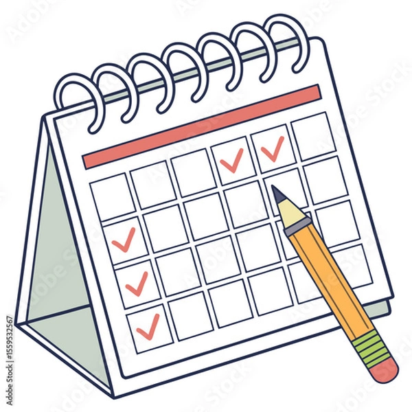 Fototapeta A desk calendar with a spiral binding is shown with several days marked with red checkmarks and a yellow pencil poised to mark another day