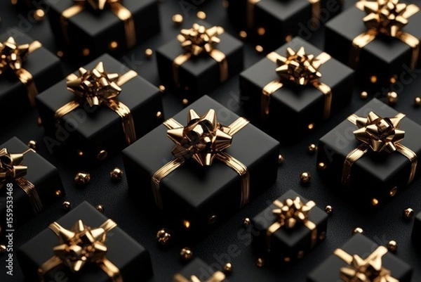 Fototapeta Luxurious black gift boxes with golden bows and shimmering golden spheres arranged in 3D pattern