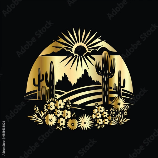 Fototapeta Wedding invitation card design. Couple in desert landscape. Silhouette of a man and a woman on the background of mountains and cactuses. Vector illustration.