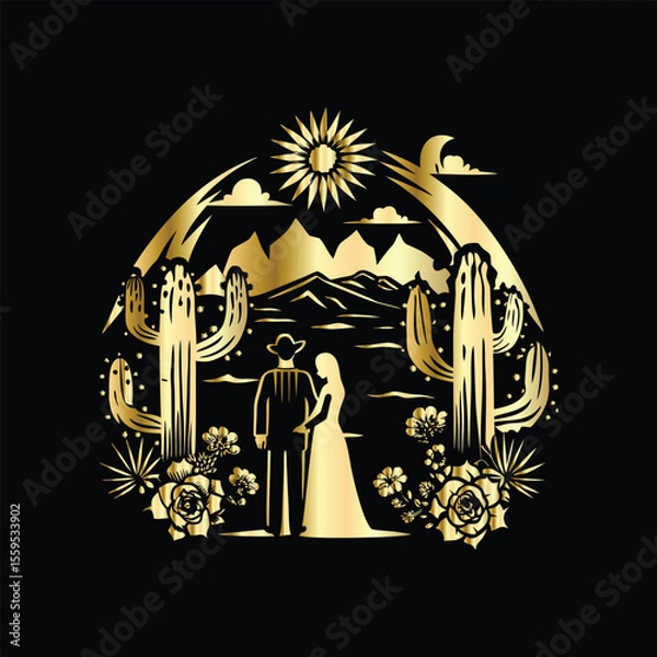 Fototapeta Wedding invitation card design. Couple in desert landscape. Silhouette of a man and a woman on the background of mountains and cactuses. Vector illustration.