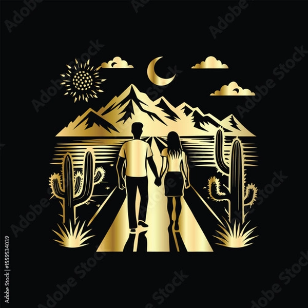 Fototapeta Wedding invitation card design. Couple in desert landscape. Silhouette of a man and a woman on the background of mountains and cactuses. Vector illustration.