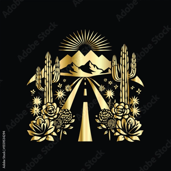 Fototapeta Wedding invitation card design. Couple in desert landscape. Silhouette of a man and a woman on the background of mountains and cactuses. Vector illustration.
