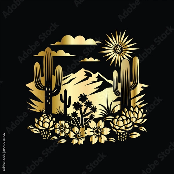 Fototapeta Wedding invitation card design. Couple in desert landscape. Silhouette of a man and a woman on the background of mountains and cactuses. Vector illustration.