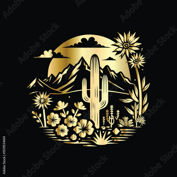 Fototapeta Wedding invitation card design. Couple in desert landscape. Silhouette of a man and a woman on the background of mountains and cactuses. Vector illustration.