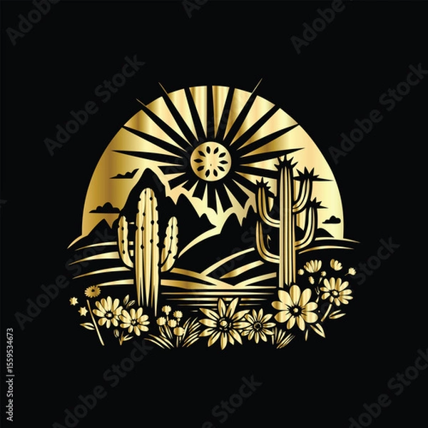 Fototapeta Wedding invitation card design. Couple in desert landscape. Silhouette of a man and a woman on the background of mountains and cactuses. Vector illustration.