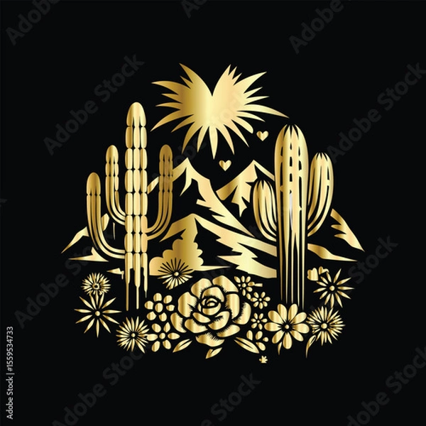 Fototapeta Wedding invitation card design. Couple in desert landscape. Silhouette of a man and a woman on the background of mountains and cactuses. Vector illustration.