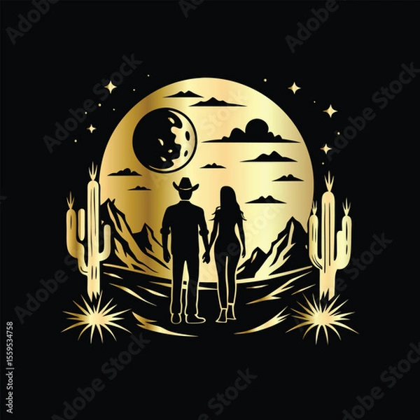 Fototapeta Wedding invitation card design. Couple in desert landscape. Silhouette of a man and a woman on the background of mountains and cactuses. Vector illustration.
