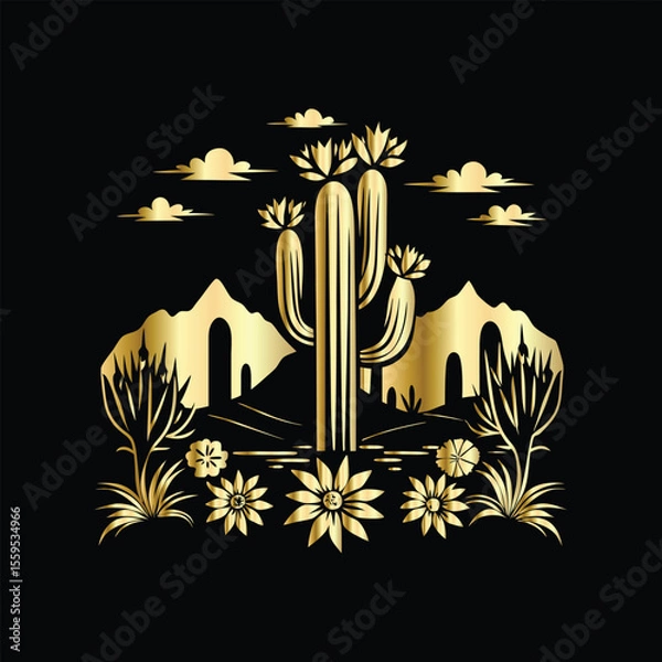Fototapeta Wedding invitation card design. Couple in desert landscape. Silhouette of a man and a woman on the background of mountains and cactuses. Vector illustration.