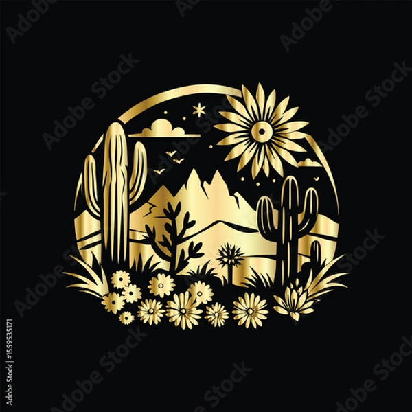 Fototapeta Wedding invitation card design. Couple in desert landscape. Silhouette of a man and a woman on the background of mountains and cactuses. Vector illustration.