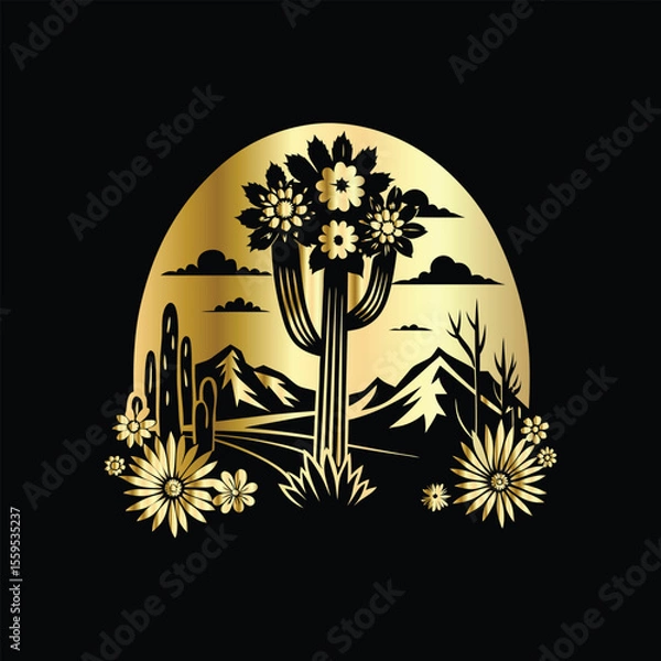 Fototapeta Wedding invitation card design. Couple in desert landscape. Silhouette of a man and a woman on the background of mountains and cactuses. Vector illustration.