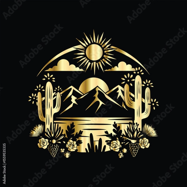 Fototapeta Wedding invitation card design. Couple in desert landscape. Silhouette of a man and a woman on the background of mountains and cactuses. Vector illustration.