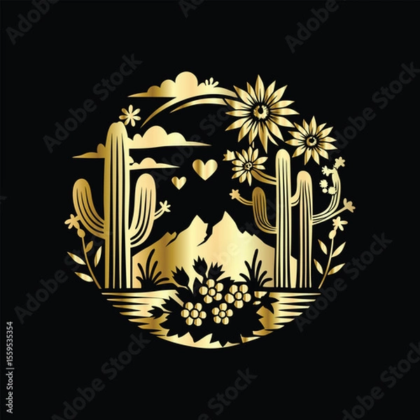 Fototapeta Wedding invitation card design. Couple in desert landscape. Silhouette of a man and a woman on the background of mountains and cactuses. Vector illustration.