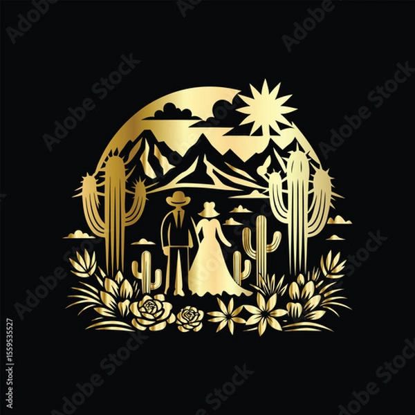 Fototapeta Wedding invitation card design. Couple in desert landscape. Silhouette of a man and a woman on the background of mountains and cactuses. Vector illustration.