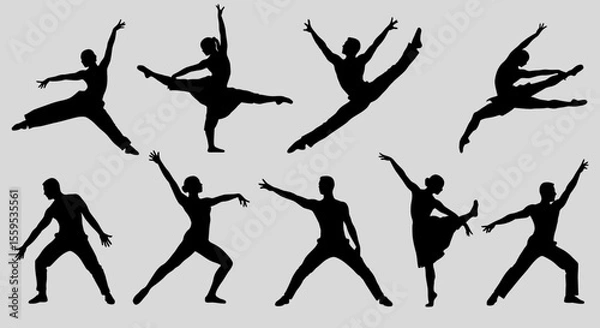 Fototapeta Vector art of silhouettes of dancers strike dynamic poses against a gray backdrop
