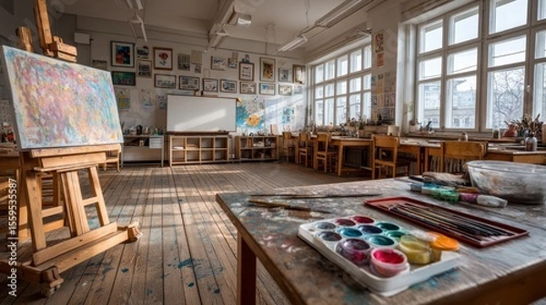 Obraz Art Classroom with Paints and Brushes in Bright Natural Light