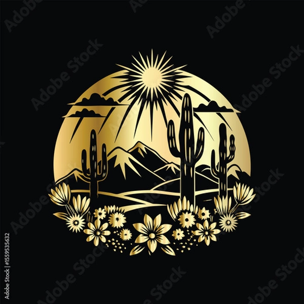 Fototapeta Wedding invitation card design. Couple in desert landscape. Silhouette of a man and a woman on the background of mountains and cactuses. Vector illustration.