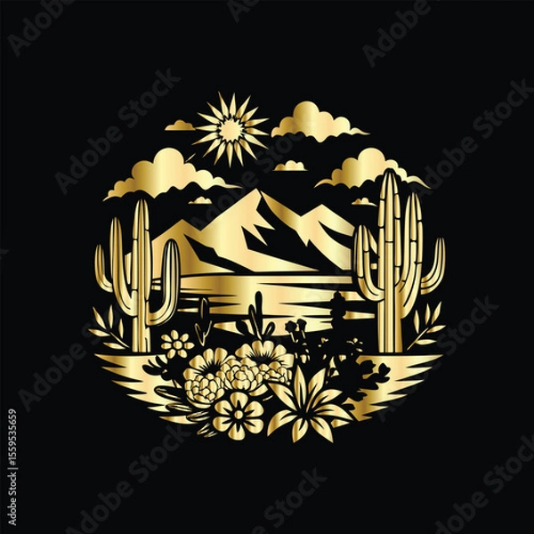 Fototapeta Wedding invitation card design. Couple in desert landscape. Silhouette of a man and a woman on the background of mountains and cactuses. Vector illustration.