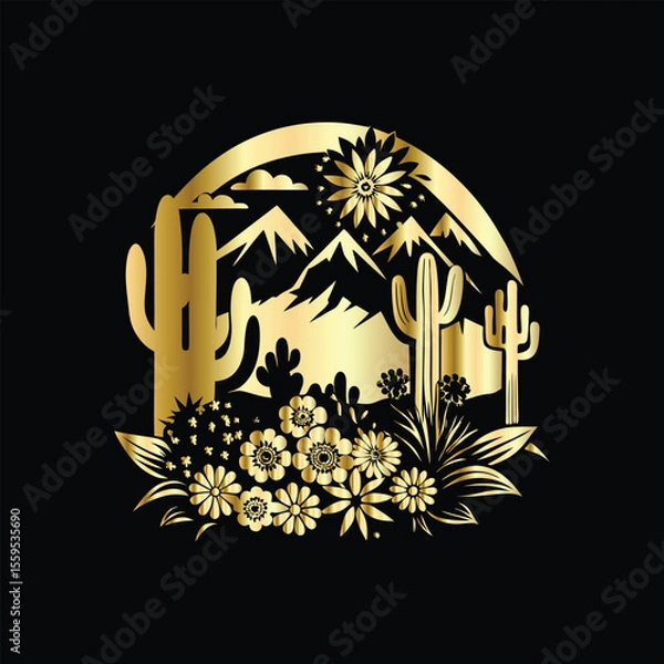 Fototapeta Wedding invitation card design. Couple in desert landscape. Silhouette of a man and a woman on the background of mountains and cactuses. Vector illustration.