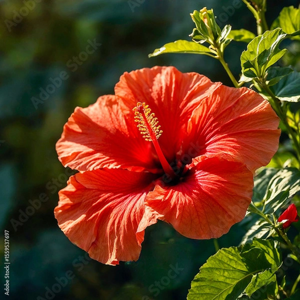 Obraz A closeup of a beautiful hibiscus flower in the sunshine of the garden..........AI generated illustration. 