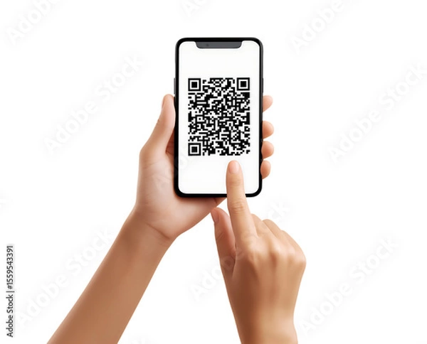 Fototapeta scanning a QR, Holding the phone QR code isolated on a transparent background