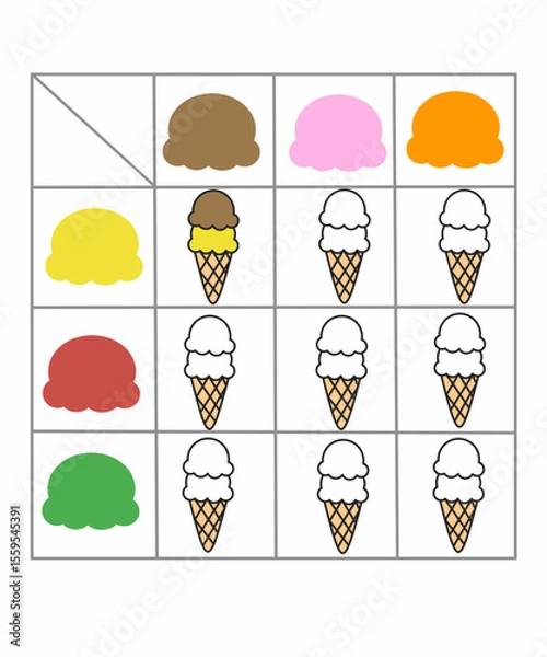 Fototapeta Coloring logic table for kids, logic table worksheet for kindergarten, complete the table worksheet 